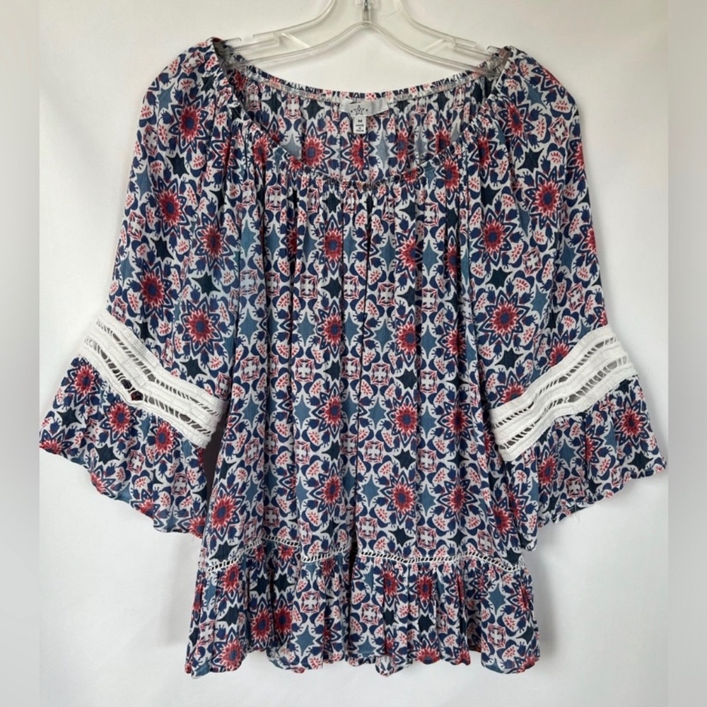 Fever Womens Boho Peasant Floral Crochet Accent Bell Sleeve Top Pink Blue Size M
